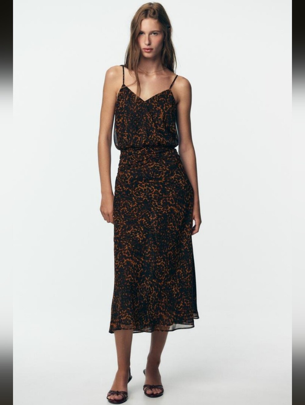 Zara Spaghetti Strap Midi Dress in Leopard Print- S